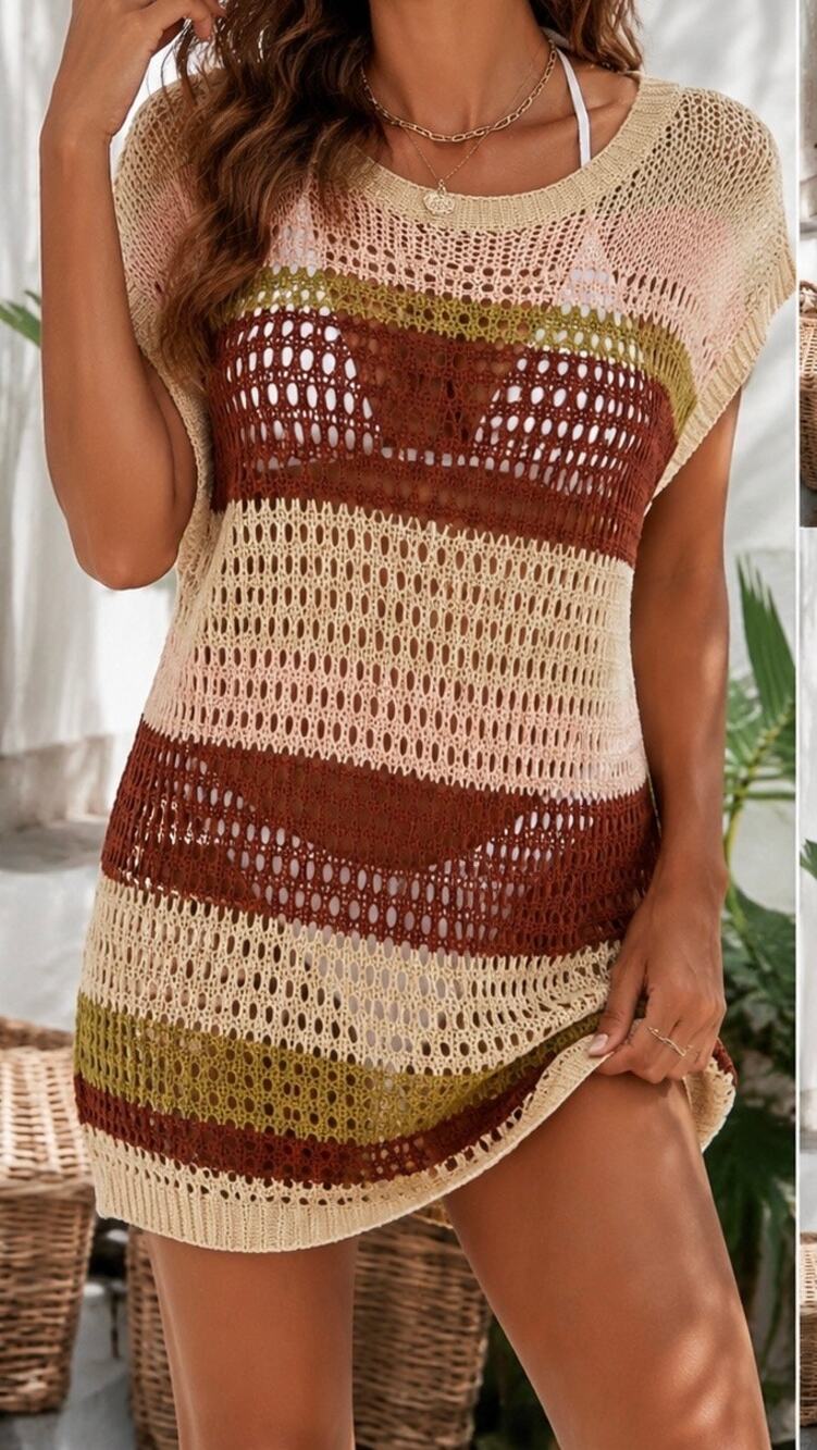 EST. 1946 Open Knit Striped Boho Sweater Cover-Up | Beachy Crochet Top | Small
